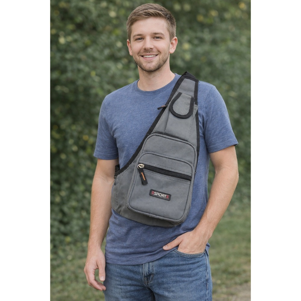 Sport Sling Crossbody Bag Fanny Pack‎ Gray Canvas Multi-Pocket Travel Commuter